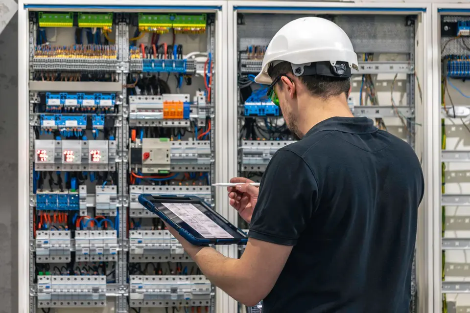 Electrician inspecting an electrical panel with a tablet