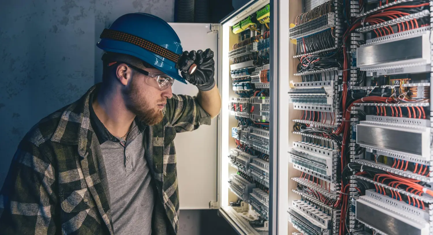 Electrician examining a large electrical switchboard